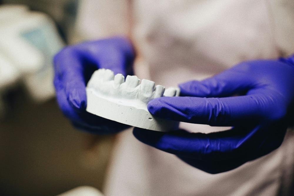 A dental typodont is being held by someone wearing gloves