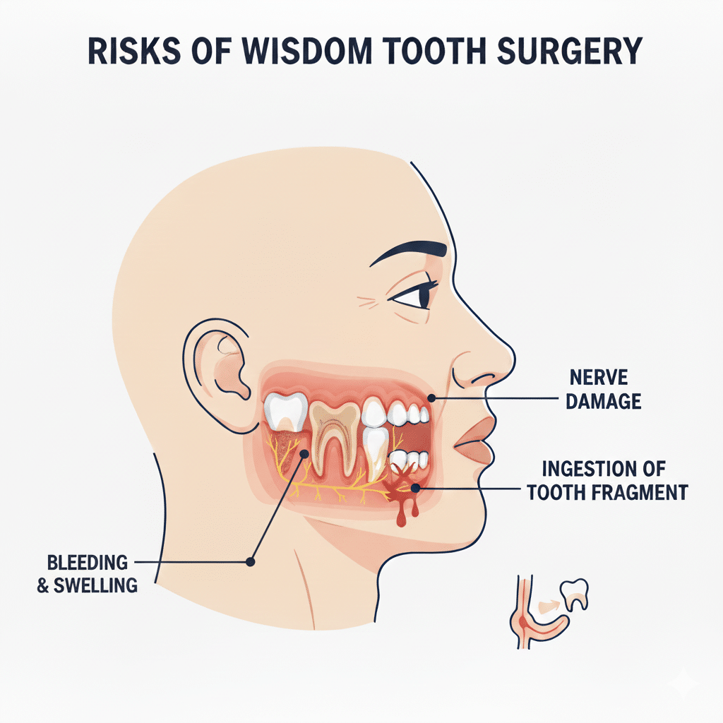 risk of wisdom tooth surgery: Nerve Damage, Displacement Risks, Wisdom Teeth Misalignment, Bleeding and Swelling