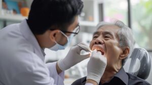 an Asian male dentist performs an oral examination on an elderly man’s teeth